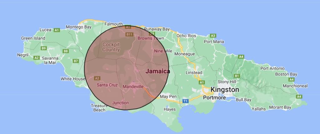 Map showing Jamaica Point of Inaccessibility
